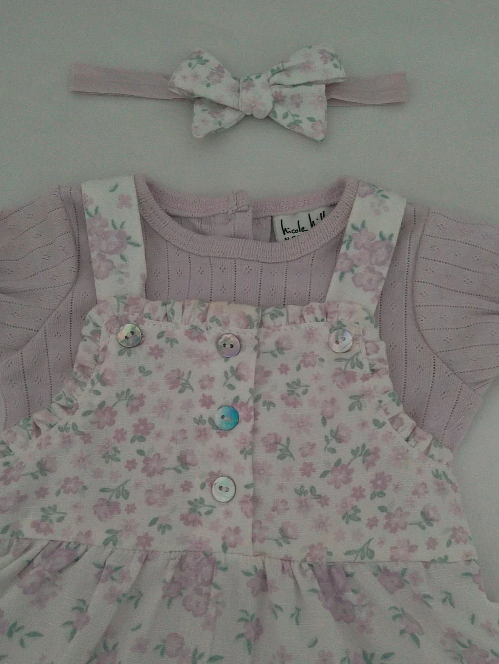 Nicole Miller Baby Girl Floral Tiered Dress with Lilac Bodysuit and Headband Set
